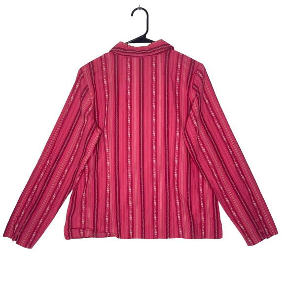 Y2K Boho Western Striped Shirt Small Pink Red Cotton Long Sleeve Retro Top - Picture 2 of 6